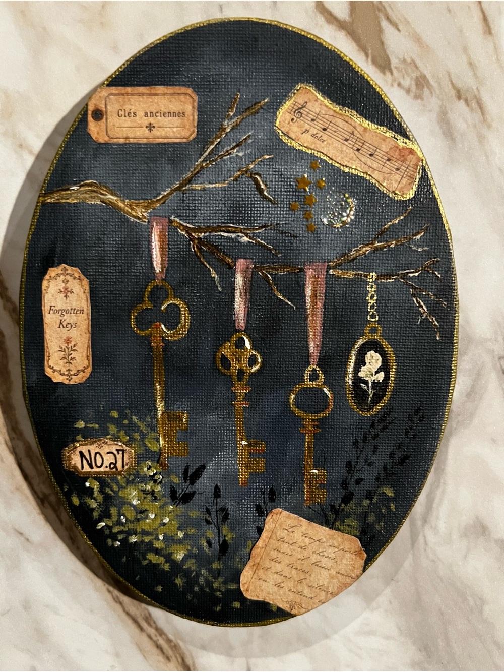 Forgotten Keys Wall Art - Gold Keys on Dark Blue Oval Canvas